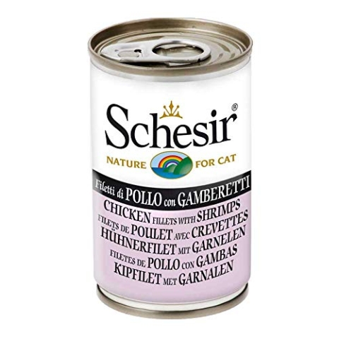 Schesir Cat Jelly Hühnerfilet mit Garnele, Katzenfutter nass in Gelee, 24 Dosen x 140 g