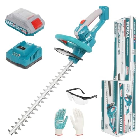 TOTAL - Elektrische Akku-Heckenschere, Inklusive 2Ah 20V Akku und Ladegerät, Langlebiger Akku, Leicht, bequem zu benutzen, Präziser Schnitt: 460 mm Klingen und maximale Schnittbreite von 18 mm