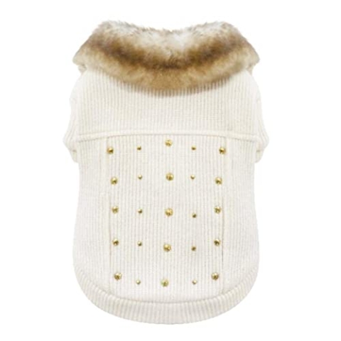 Croci-Sweatshirt für Hunde mit goldenen Nieten, Rückengröße 30 cm, gefüttert und verstellbar mit Klettverschluss, mit Gummizug und Loch für Leine und Geschirr, weiße Farbe