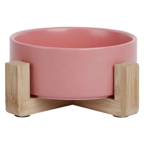 JACK AND VANILLA, Rutschfester Keramiknapf mit umweltfreundlicher Bambushalterung, Elegantes Design, 1800 ml Fassungsvermögen, ideal für mittelgroße und große Tiere, rosa, Modell „Guten Appetit“.