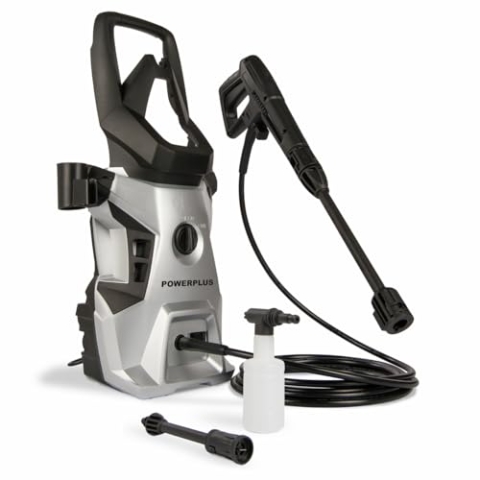 Powerplus Elektrischer Hochdruckreiniger POWXG90408-1800 Watt Terrassenreiniger, Start/Stopp-Funktion, Max. 140 Bar Druck und 50°C Temperatur, 5 m Schlauch und Zubehör inbegriffen