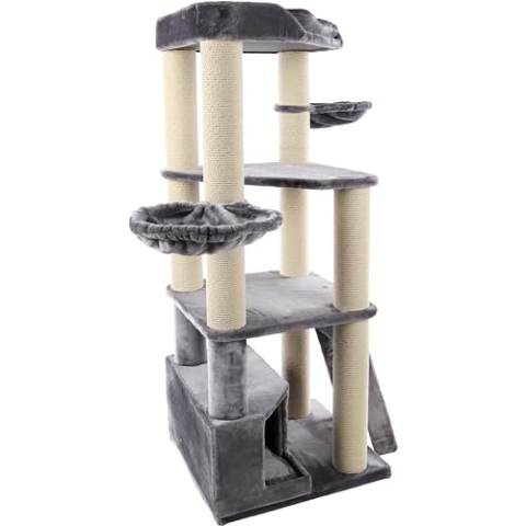 Flamingo Kratzbaum Babel – Grau/Weiß, 150 cm | Stabiler & Gemütlicher Kletterbaum für Katzen!