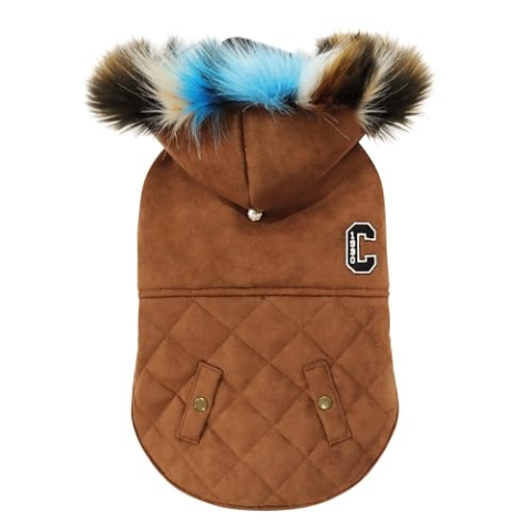 Croci Hundejacke mit Shearling-Kapuze, Rückengröße 50 cm, gefüttert und verstellbar, mit Gummizug und Loch für Leine und Geschirr, braune Farbe