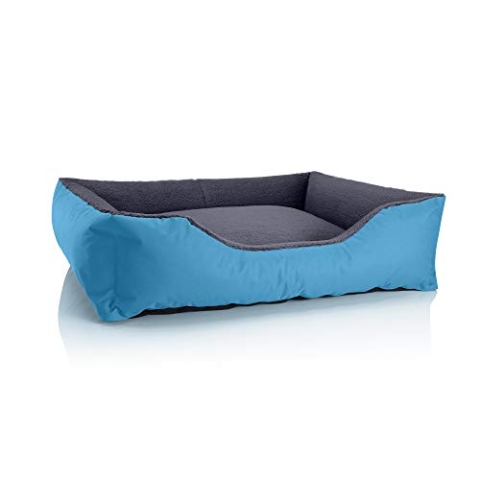 BedDog Hundebett Teddy, Hundesofa aus Cordura und Microfaser-Velours, waschbares Hundebett mit Rand, Hundekissen Vier-eckig, für drinnen, draußen, Größe XL, grau-blau