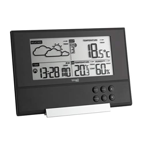 TFA Dostmann 35-1107 Pure Funk-Wetterstation, mit extra flachem Design, Wetterprognose, Außentemperatur, Raumklima, Schwarz