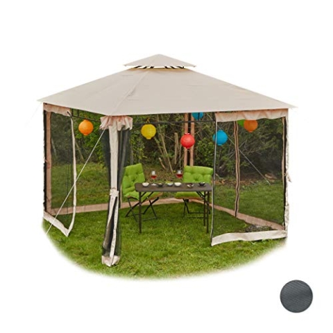Relaxdays Deluxe Pavillon 3x3, Gartenpavillon, Seitenwände mit Reißverschluß, Moskitonetz, wasserabweisendes Dach, beige
