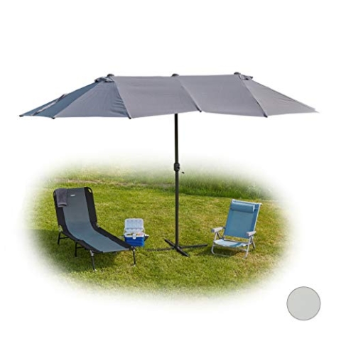 Relaxdays Doppelsonnenschirm, ovaler Sonnenschirm für Garten & Terrasse, mit Kurbel & Ständer, HBT 255x450x260cm, grau