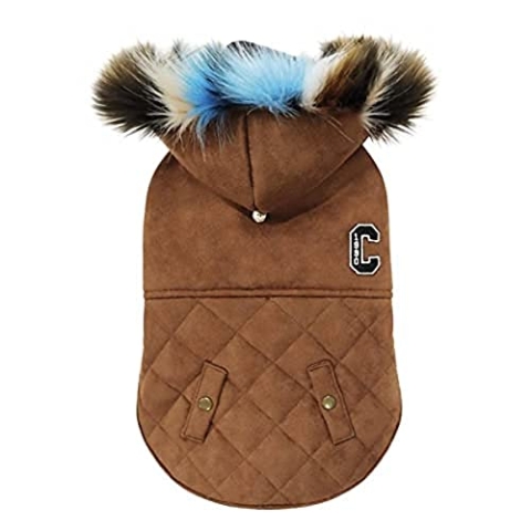 Croci Hundejacke mit Shearling-Kapuze, Rückengröße 35 cm, gefüttert und verstellbar, mit Gummizug und Loch für Leine und Geschirr, braune Farbe