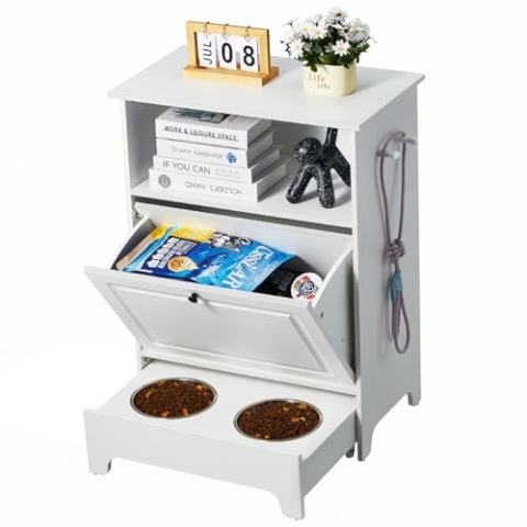 VEVOR Hunde Schrank Futterstation mit 2 Edelstahlnäpfen 60 x 35 x 80 cm, erhöhte Hundenäpfe mit Stauraum, Tierfutterschrank, Futternapf, Fressnapf, Hundenapfständer, Napfbar, Hundebar für kleine Hunde