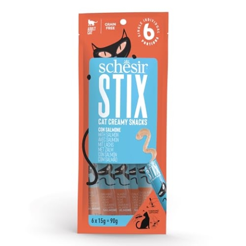 Schesir Stix Cremige Snacks für ausgewachsene Katzen, Lachs, 90 g x 12 Stück