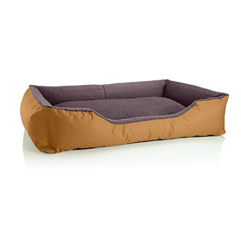 BedDog Hundebett Teddy, Hundesofa aus Cordura und Microfaser-Velours, waschbares Hundebett mit Rand, Hundekissen Vier-eckig, für drinnen, draußen, Größe XXXL, Gold-braun