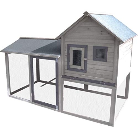 Flamingo Hühnerstall Calimero Cottage Grau – 197 cm L x 93 cm B x 143 cm H, Nachtkäfig mit Laufsteg und Angebautem Auslauf – Stark, Robust und Langlebig, Pure Verwöhnung für Ihre Hühner!