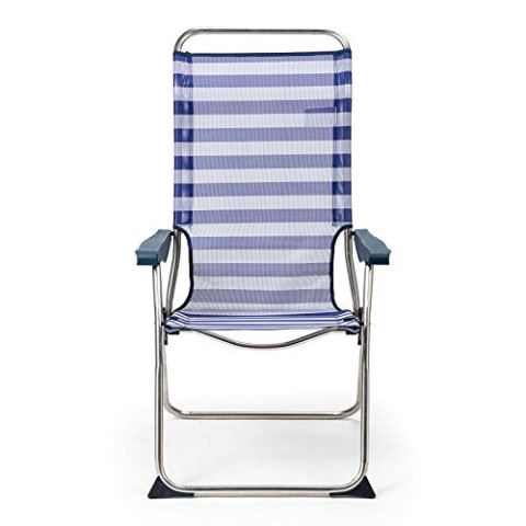 Solenny Klappbarer Strandstuhl, 5 Positionen, mit anatomischer Rückenlehne, 67 x 63 x 114 cm, Blau und Weiß, waschbarer Stoff und Stabilisator-Füße für mehr Sicherheit, Bunt