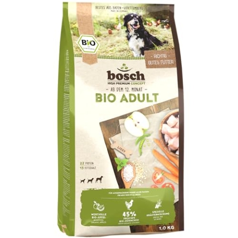 bosch HPC BIO | Adult Hühnchen & Apfel | Hundefutter für ausgewachsene Hunde aller Rassen | 100 % landwirtschaftliche Rohstoffe aus nachweislich biologischem Anbau | 1 x 11.5 kg