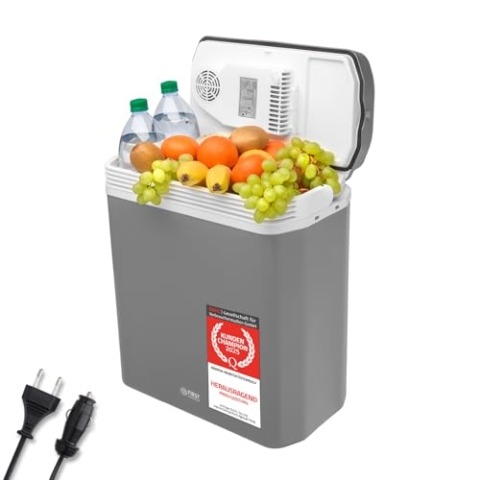 TZS First Austria elektrische Kühlbox 24 Liter | 12 Volt & 230 Volt Anschluss | mit 12-V-Stecker fürs Auto | für Camping, Festivals & Reisen | mit Kühl- und Warmhaltefunktion | grau