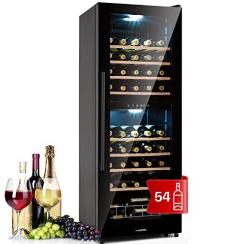 Klarstein Weinkühlschrank, Getränkekühlschrank Schmal, 2 Zonen Kühlschrank mit Glastür, Getränkekühlschränke Freistehend, Weinkühlschrank Klein, Weinkühlschränke mit UV-Schutz, 5-18°C, 54 Flaschen