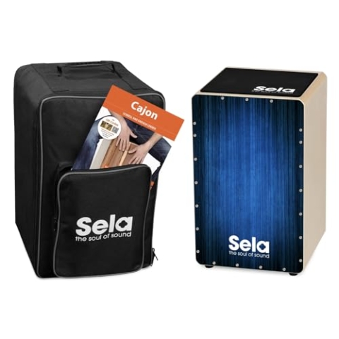 Sela SE 062 Varios Blue Snare Cajon Einsteiger Bundle mit Sela Snare System, aufgebaut, Rucksack, Sitzpad, Schule, CD, DVD