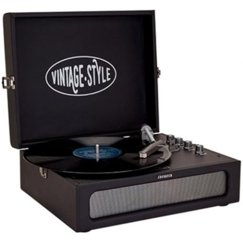 Aiwa VPX-1971/BK Vintage-Plattenspieler im Koffer aus Kunstleder mit Bluetooth, MP3-Player und USB-Recorder, Schwarz