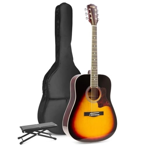 MAX SoloJam Westerngitarre, Akustik Gitarre Set, Acoustic Guitar, Akustikgitarre 4/4 mit Tasche, Plektrum, Stimmgerät, Fußstütze, Schultergurt und Stahlsaiten, Anfängergitarre in Sunburst