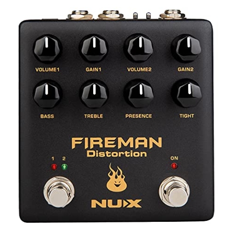 Nux NDS-5 Fireman AMP Distortion-Pedal, E-Gitarren Effektpedal (Modern Brown Sound, 2 unabhängige Volume und Gain Regler, 18V / 9V Kippschalter, True-Bypass & Buffer-Bypass Schalter), Schwarz/Gold
