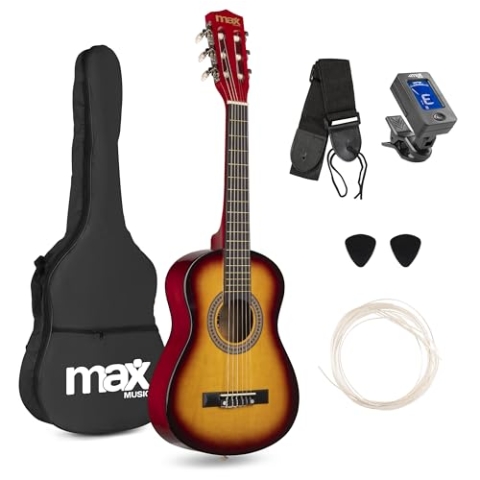 MAX SoloArt - 1/4 Gitarre Kinder ab 3 Jahre - Akustik Gitarre inkl. Tasche, Plektrum, Gurt und Saiten-Zubehör, Kindergitarre 3 Jahre, Guitar in Sunburst