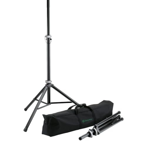 K&M 21459 Boxenstative im Set mit Tragetasche – Schwarz aus Aluminium – bis 40 kg, bequemer Transport – 2 Stück