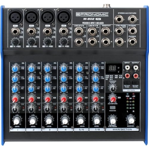 Pronomic M-802FX Live/Studio Mischpult mit digitalem 24bit Multieffektprozessor (4 Mono-Kanäle XLR/Klinke, 2-Stereo Kanäle, 3-Band-EQ, 48V Phantomspeisung)