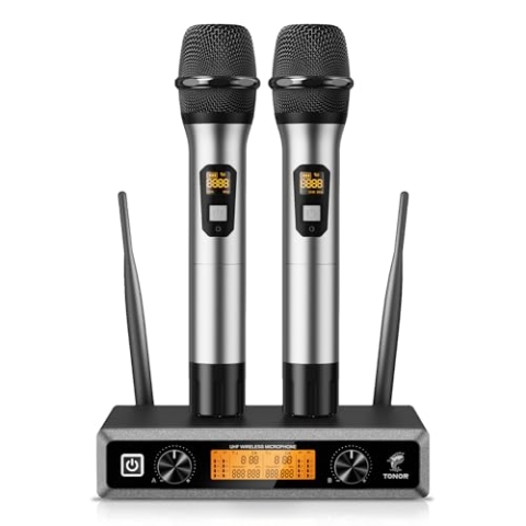 TONOR Wireless Funkmikrofon UHF Professionelles dynamisches drahtloses Dual Mikrofon, Handmikrofonsystem, Heim-KTV-Set für Karaoke, Party, DJ, Kirche, Hochzeit, Meeting, 60 Meter, TW820, Silber