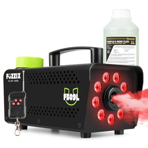 Fuzzix F509L Nebelmaschine Mini mit LED Lichteffekt und 1 Liter Nebelfluid, 500 Watt mit Fernbedienung, Rauchmaschine Party, Smoke Machine mit 9 LEDs RGB, Hochzeiten, Nebelmaschine Halloween, Party