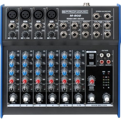 Pronomic M-802 Live/Studio Mischpult (4 Mono-Kanäle XLR/Klinke, 2-Stereo Kanäle, 3-Band-EQ, 48V Phantomspeisung)