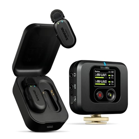 Shure MoveMic Two Set-Profi Funk-Ansteckmikros mit Empfänger für Kamera, iPhone, Android, Mac & PC, 2 Bluetooth Mini Mics, 24h Ladezeit, IPX4, Kompakte & tragbare Ansteckmikros (MV-TWO-KIT-Z6)
