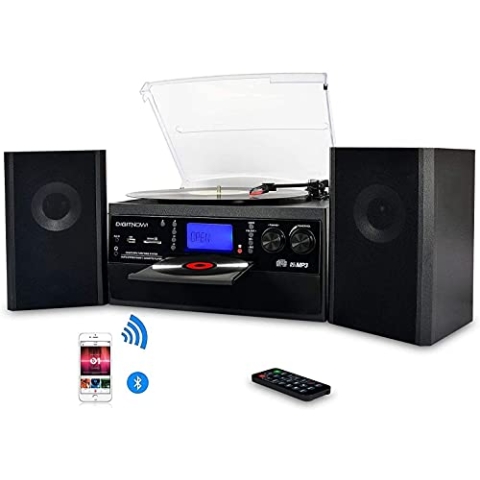 DIGITNOW! Bluetooth Viny Plattenspieler Plattenspieler für CD, Kassette, AM/FM Radio und Aux In, USB-Anschluss und SD-Codierung, Fernbedienung, mit eigenständigen Stereo-Lautsprechern