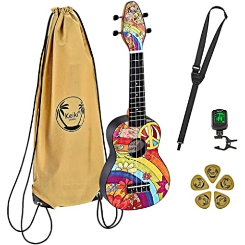 Ortega Guitars Sopran Ukulele Akustisch – Keiki K2 Series – Inklusive Zubehör – Agathis, ABS, Peace ‘68 (K2-68)