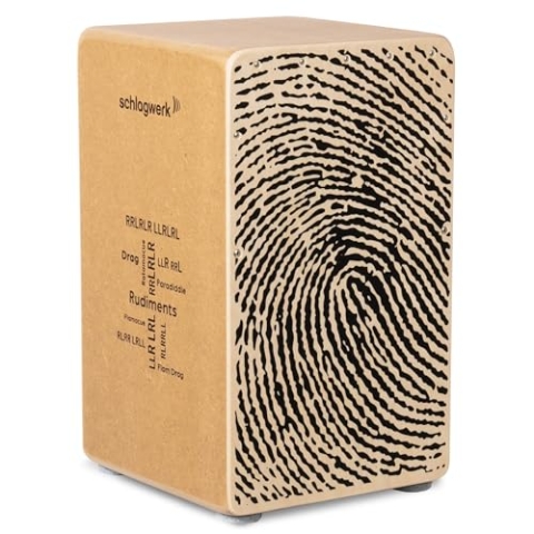 Schlagwerk CP82 Cajon Rudiments Fingerprints Large - Cajon Instrument mit zwei Snare Teppichen 50 x 30 x 30 cm - Natur Birke mit Fingerabdruck auf der Front - Made in Germany