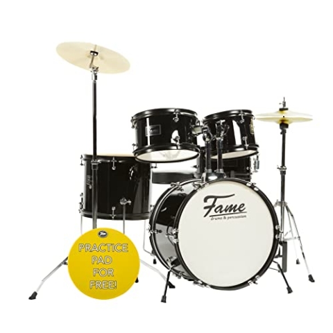 Fame 5 PC "Elias" Junior Drumset Black, Schlagzeug mit Bass Drum, Tom-Tom, Snare, Hardware und Hocker, inklusive Zubehör und Drumsticks. Perfekt für Einsteiger und Musikliebhaber
