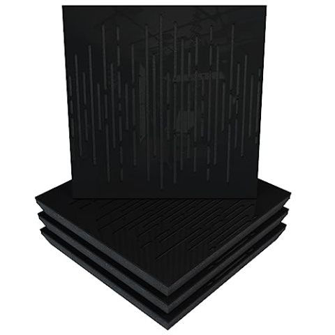 Akustikplatte, Motiv: Wave, 4 Stück, Schallabsorption, 50 x 50 x 5 cm, Absorption, Diffusion, Reflexion, Schalldämmung, Isolierung, perforierter Kunststoff: Wave, schwarz glänzender Kunststoff