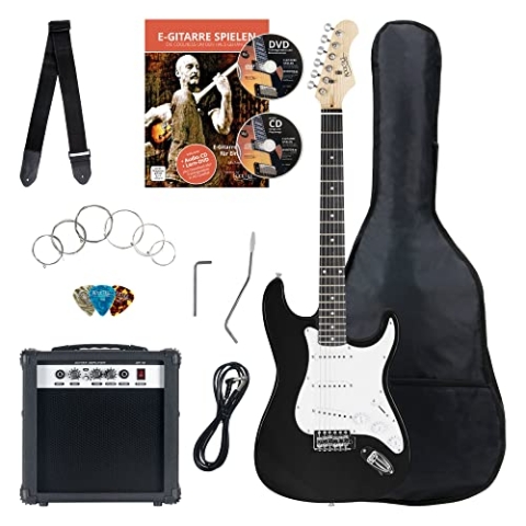 Rocktile Banger's Pack Komplettset E-Gitarre Schwarz (Verstärker, Tremolo, Tasche, Kabel, Gurt, Plecs, Ersatzsaiten und Schule mit CD/DVD)