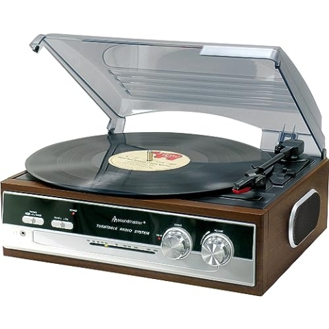 Soundmaster PL186H Retro Vintage Nostalgie Plattenspieler mit eingebauten Lautsprechern und Radio Kopfhörerbuchse 3 Geschwindigkeiten 33/45 / 78 RPM Stereolautsprecher