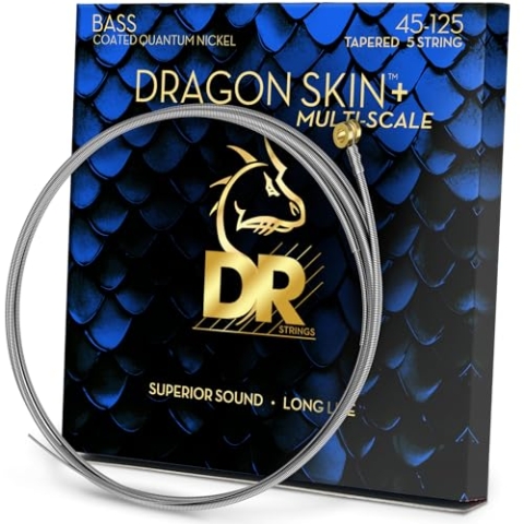 DR Strings DRAGON SKIN+ (DBQM5-45) – Saiten für E-Bass, 5-Saiter Set Multi-Scale, Quantum Nickel, Round Core, Medium 45-125 - Handgefertigt in den USA
