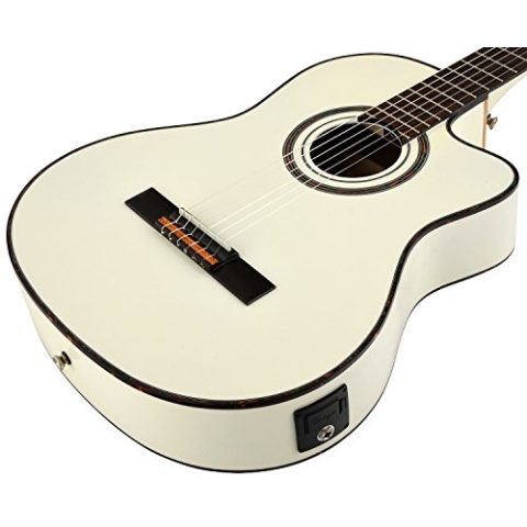 Ortega Guitars Konzert Gitarre Elektro-Akustisch – 4/4, Slim Neck, Thinline Body – Family Series Pro – Inklusive Gig Bag – Massive Engelmann Fichte, Mahagoni, Weiß (RCE145WH)