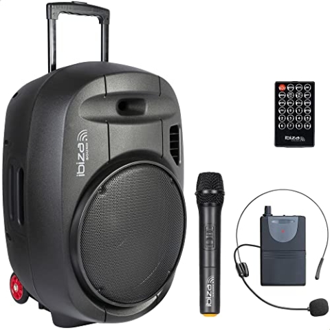 PORT15UHF-MKII - IBIZA - Tragbarer Lautsprecher 15"/800W MAX mit 2 Mikrofonen (UHF), Fernbedienung und Schutztasche - Bluetooth, USB, SD - 5-7 Std. Wiedergabezeit
