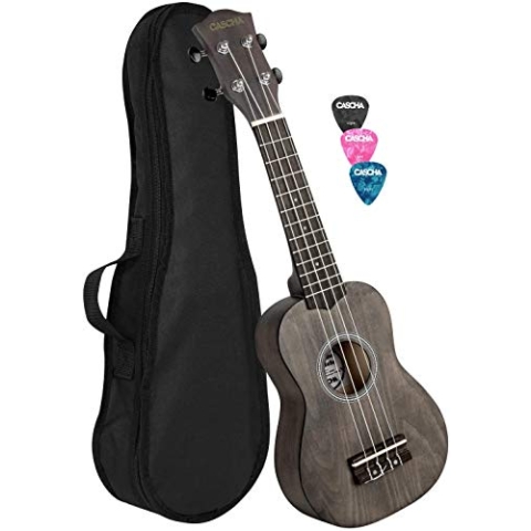 CASCHA Sopran Ukulele Set für Kinder und ErwachseneIUkulele Starter Kit mit 3 Plektren TascheIUkulele Set Aquila Saiten NylonIKleine Hawaii Gitarre für Anfänger & FortgeschritteneISchwarz,HH 3960