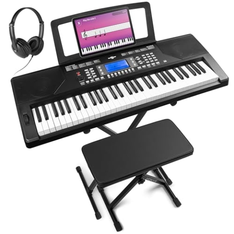 MAX Rhapsody61P - MIDI Keyboard Piano mit 61 Tasten und Pitch-Wheel, Keyboard mit Ständer, Hocker & Kopfhörer, Anschlagdynamik, LCD Display, Lern-Funktion, 8h Akku, 40 Demos für Anfänger, 300 Sounds