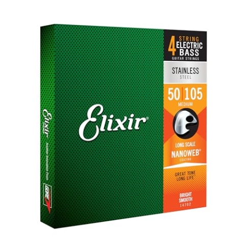 Elixir® Saiten Stainless-Steel 4-str. E-Basssaiten mit NANOWEB® Beschichtung, Long Scale, Medium (.050-.105)