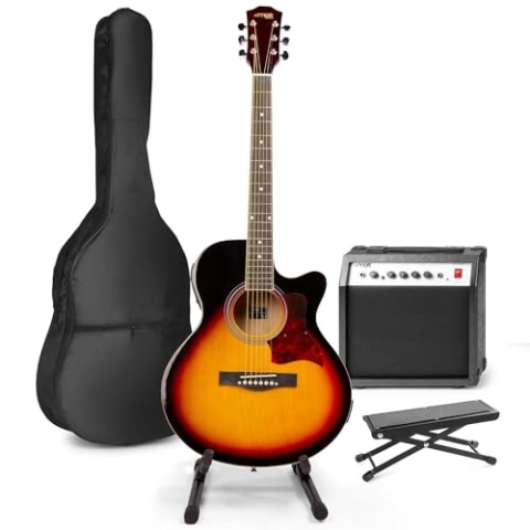 MAX ShowKit Elektro Akustik Gitarre Set mit Verstärker 40 Watt, mit Tasche, Fußhocker, Ständer, Gitarrenstimmgerät, Instrumentenkabel, Plektrum und E Akustikgitarre mit Tonabnehmer, Sunburst