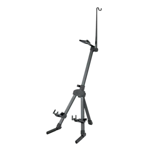 K&M 15530 Violinenständer Schwarz - mit Bogenhalter, Sicherheitsverschluss und Beutel, verstellbar - für Geige, Bratsche