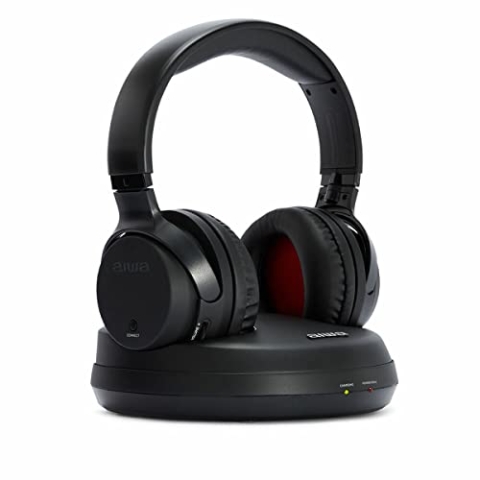 Aiwa WHF-930D Kabellose TV-Kopfhörer, Over-Ear-Kopfhörer HiFi mit optischer Verbindung, drahtlose RF-Übertragung, 3-Kanal-Wähler, voll wiederaufladbar, Schwarz