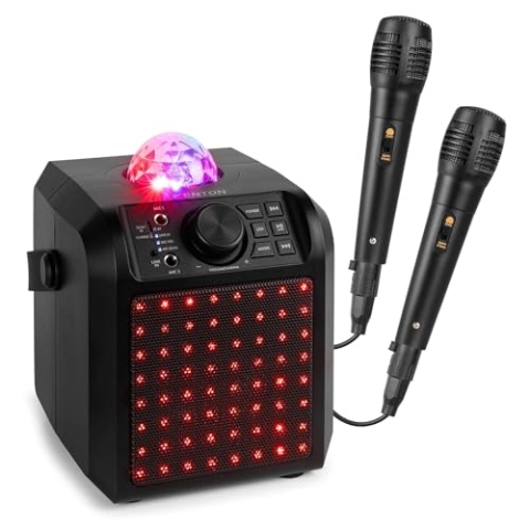 Fenton KAR55B – Musikbox Kinder Karaoke Anlage mit 2 Mikrofonen, Jelly Ball LED-Discolicht, Bluetooth, 10 Std. Akku, 50 Watt Leistung, AUX-Anschluss, Portable Karaoke Maschine Kinder, Schwarz