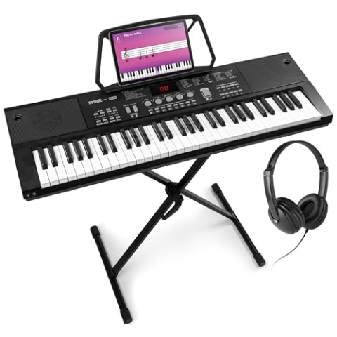 MAX KB15 - Keyboard Piano mit 61 Tasten, E Piano mit Mikrofon, Keyboard Ständer und Kopfhörer, 8h Akku, LCD Display, 70 Songs, Klavier Keyboard für Anfänger, 26 Klangarten, 8 Percussion, USB-C