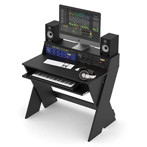 Glorious Sound Desk Compact Black - Kompakte Studio-Workstation im smarten Design mit großer Arbeitsfläche, ausziehbarem Keyboard-Fach, 2 x 3-HE-Racks und Kabelkanal im Inneren